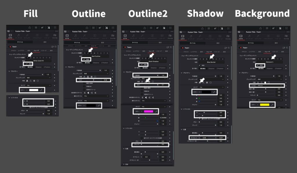 DaVinci ResolveのText+で複数の装飾項目を調整している画面